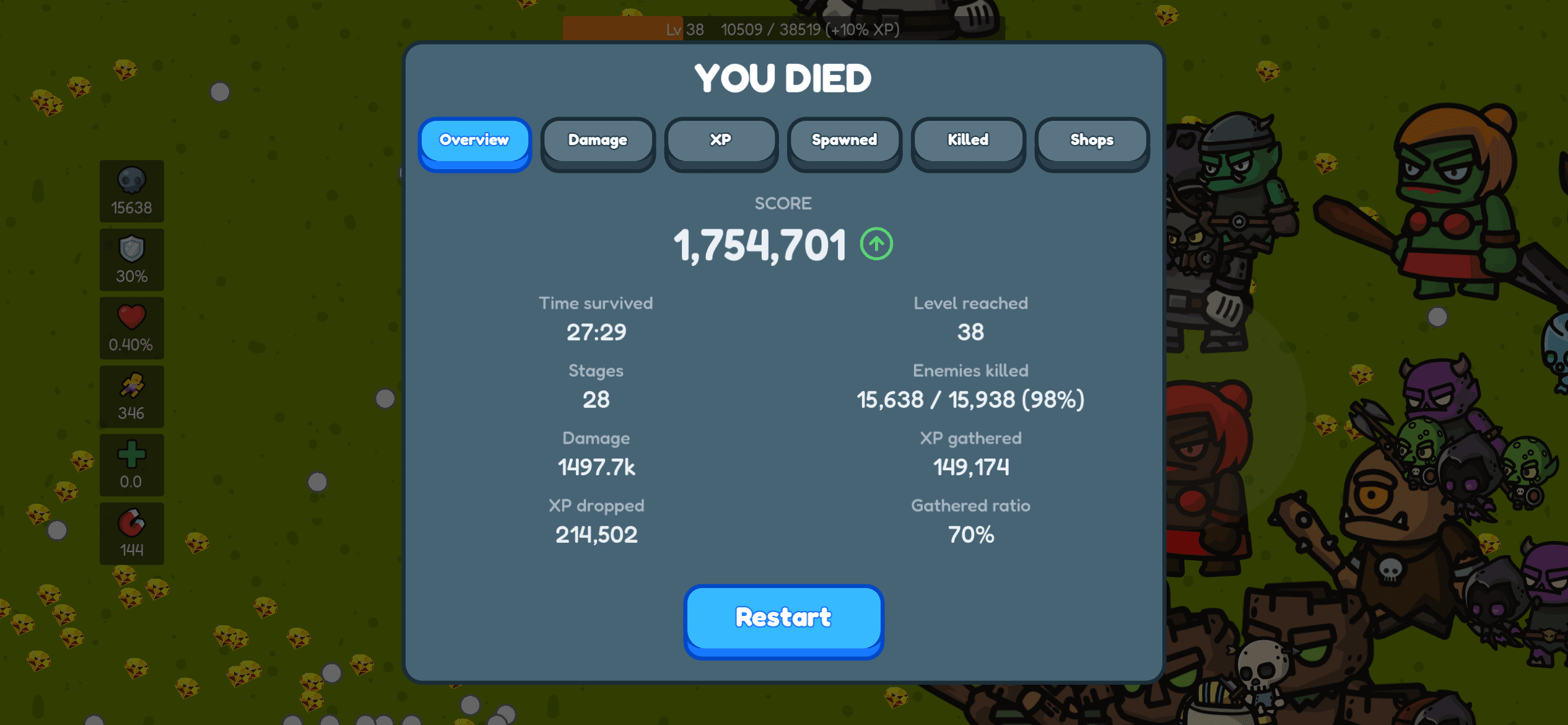 Game over screen on iPhone showing a run overview with score, time survived, and kill ratio